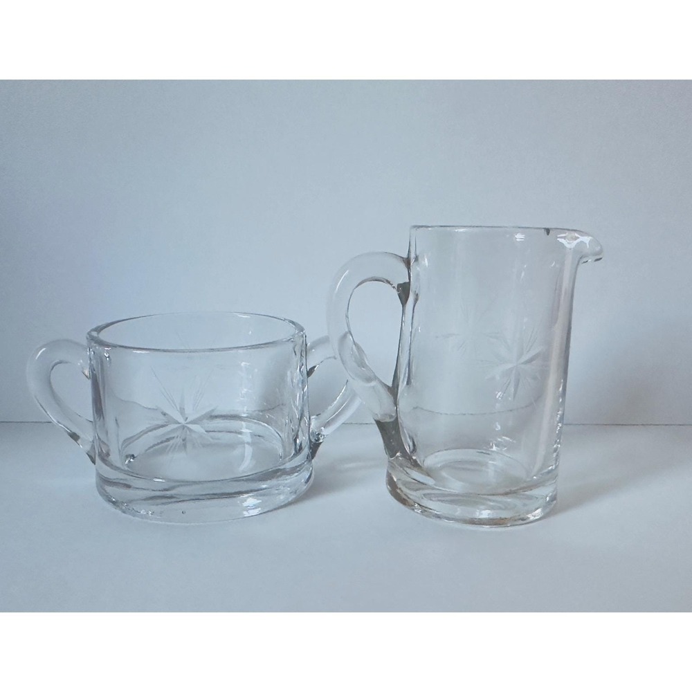 Vintage Fostoria Etched Starburst Clear Glass Creamer and Sugar Bowl Set 1950's